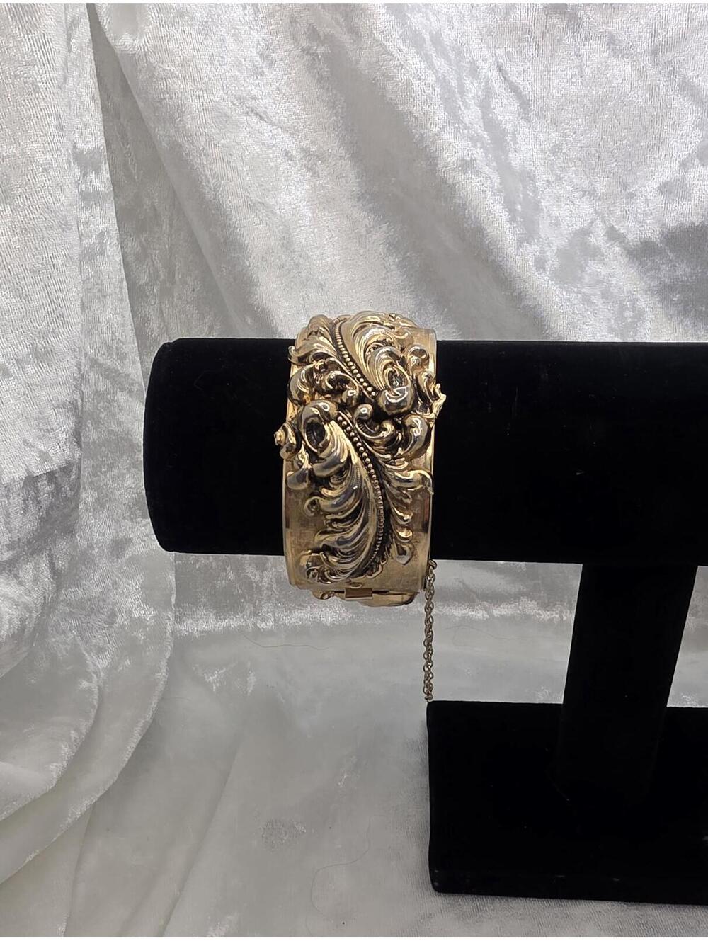 Vintage Gold Tone Repousse Cuff Bracelet Victorian Revival Wide Hinged Bracelet